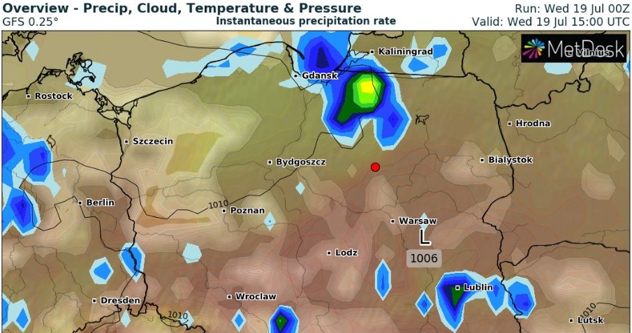 W środę pogoda będzie zróżnicowana. Będzie ciepło, ale nie upalnie, z lokalnymi silnymi burzami /wxcharts /