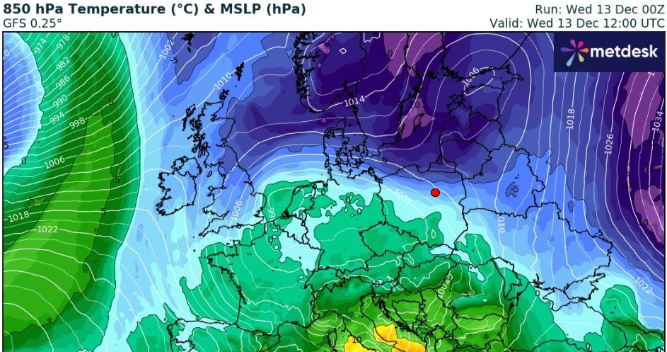 W środę pogoda w Polsce będzie bardziej jesienna niż zimowa, z temperaturami sięgającymi 6-7 stopni Celsjusza na południowym zachodzie kraju /wxcharts /