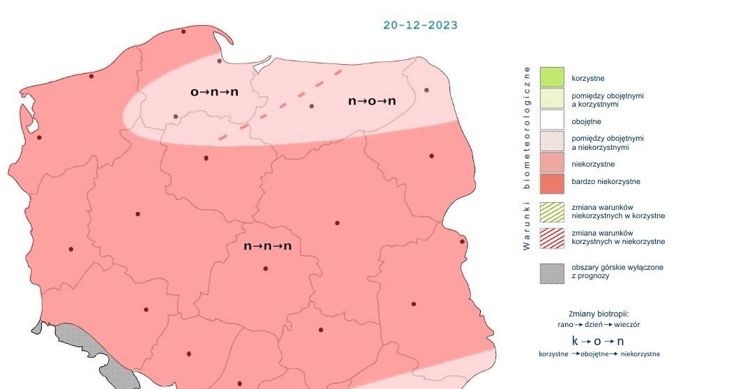 W środę przez cały dzień niemal wszędzie warunki biometeorologiczne będą niekorzystne /IMGW /