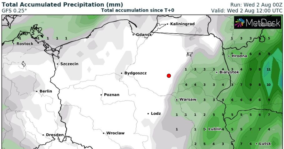 W środę rano słabe deszcze pojawiają się na wschodzie kraju. Po południu może padać na zachodzie /wxcharts /