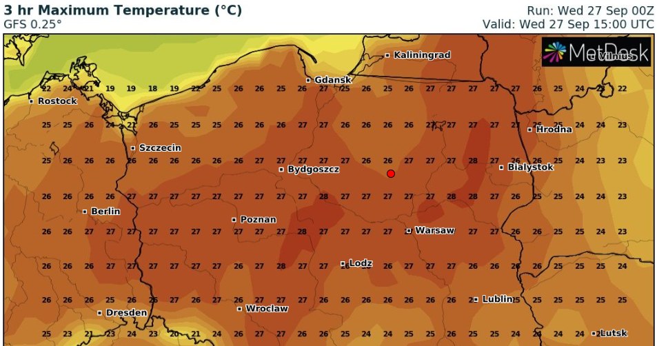W środę w niemal całym kraju będzie bardzo ciepło, z temperaturami sięgającymi 27 st. C /wxcharts /