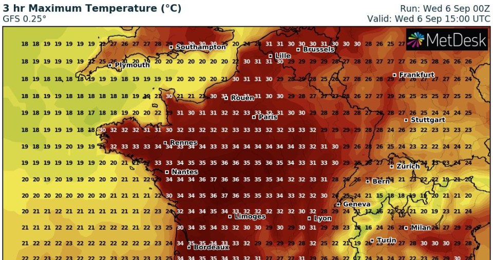 W środę w większości Francji panuje upał. Fala upałów potrwa co najmniej do końca tygodnia /wxcharts /