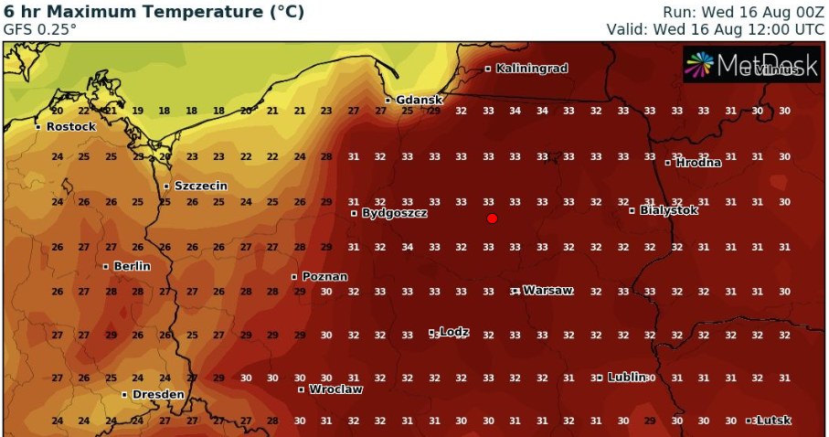W środę w większości Polski będzie bardzo upalnie. Temperatury znacznie przekroczą 30 st. C /wxcharts /