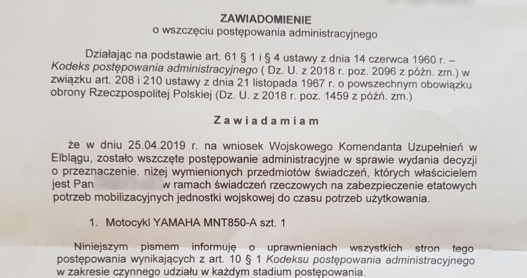 W tekście zawiadomienia jest błąd. Nie istnieje Yamaha MNT850, a nasz czytelnik ma Yamahę MT-09 /Informacja prasowa