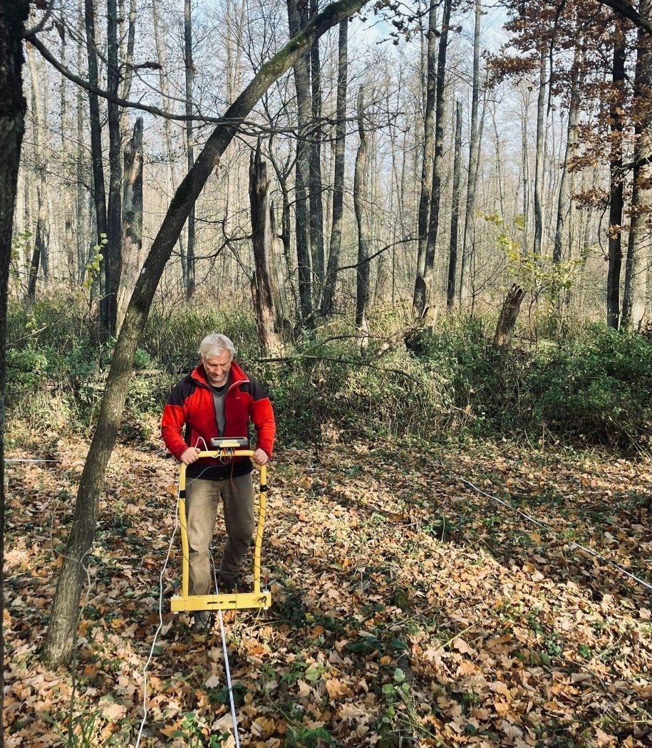 W trakcie badania grodziska z użyciem metody elektrooporowej. Fot. P. Piotrowska. /Lubelski Wojewódzki Konserwator Zabytków  /