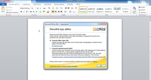 W trakcie pierwszego uruchomienia, Office 2010 pozwala na wybranie domyślnych typów plików /INTERIA.PL