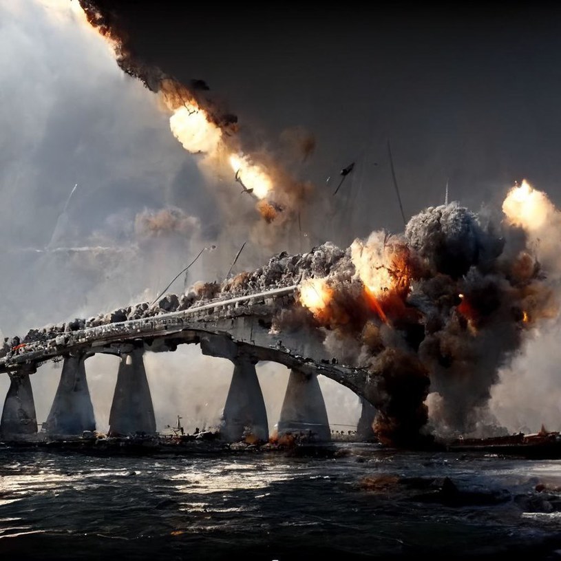 W ukraińskich mediach społecznościowych pojawiły się grafiki pokazujące moment zburzenia mostu, który łączy Krym z Federacją Rosyjską /Twitter