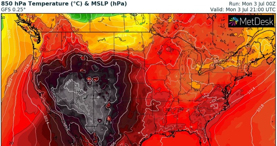 W USA trwa bezprecedensowa fala upałów. Temperatury sięgają 46 st. C /wxcharts /