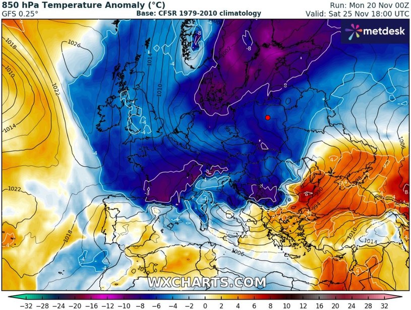 W weekend Polska znajdzie się na skraju niżu w chłodnym powietrzu arktycznym. Zrobi się naprawdę chłodno /wxcharts /
