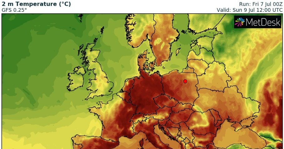 W weekend większość Europy będzie doświadczać wysokich temperatur. W sobotę i w niedzielę w Polsce będzie powyżej 30 st. C /wxcharts /