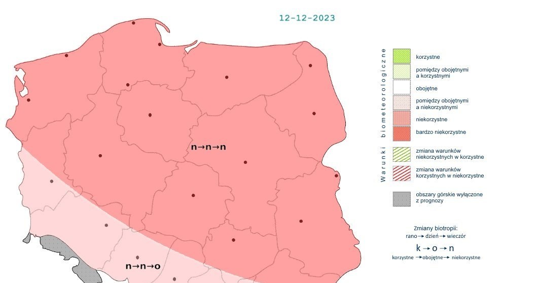 W większości kraju przez cały dzień warunki biometeorologiczne będą niekorzystne /IMGW /
