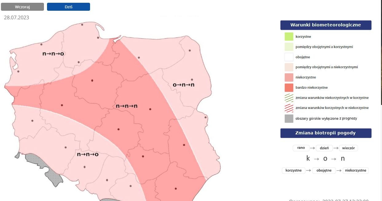 W większości kraju przez dużą część dnia będą się utrzymywać niekorzystne warunki biometeorologiczne /IMGW /