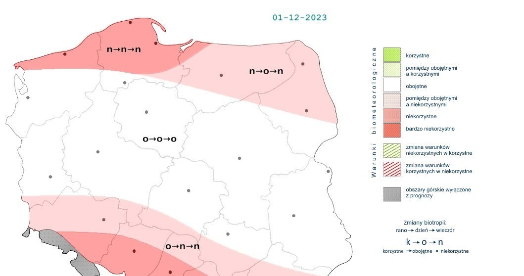 W większości kraju w piątek warunki będą obojętne, jednak na północy i południu będą niekorzystne przez cały dzień /IMGW /