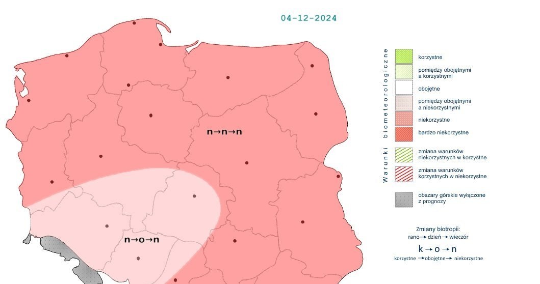 W większości kraju warunki biometeorologiczne będą niekorzystne. Tylko na południowym zachodzie w ciągu dnia przejściowo staną się obojętne /IMGW /