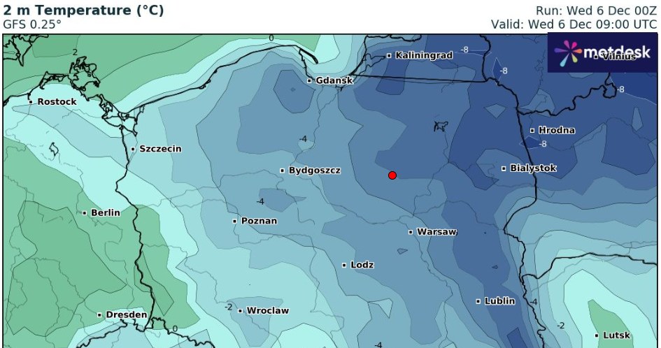 W większości Polski będą ujemne temperatury. Najcieplej będzie na południowym zachodzie oraz na zachodzie /wxcharts /