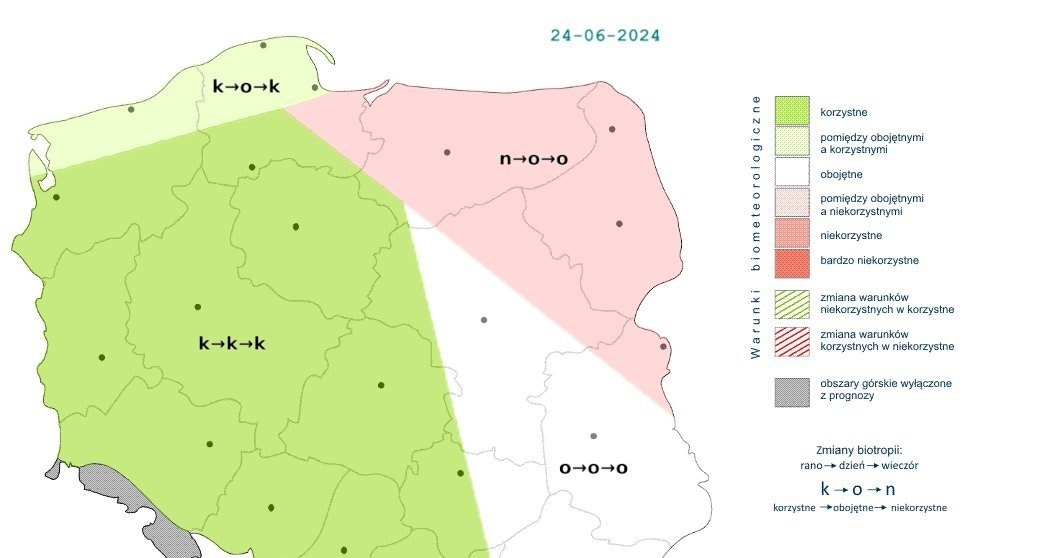 W większości Polski biomet będzie korzystny, choć rano na północnym wschodzie warunki będą niekorzystne, a potem obojętne /IMGW /