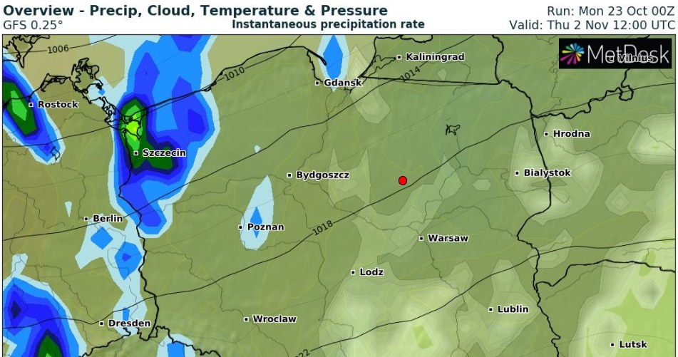 W Zaduszki temperatury będą zbliżone do tych ze Wszystkich Świętych. Więcej deszczu może się pojawić na północy i zachodzie kraju /wxcharts /