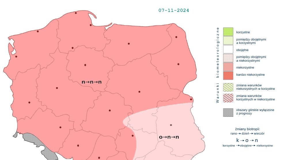 W zdecydowanej większości Polski warunki biometeorologiczne będą niekorzystne /IMGW /