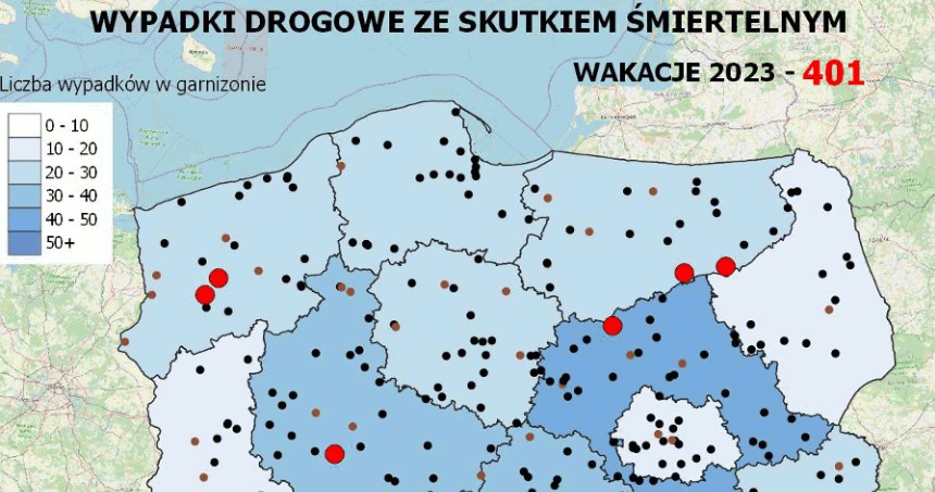 W zeszłym roku na koniec wakacji sytuacja na polskich drogach wyglądała w ten sposób. Mapa z roku 2024 jest jeszcze pusta. /Policja