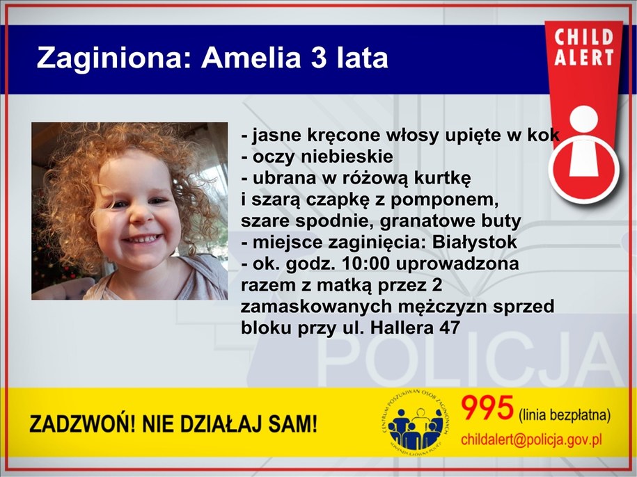 W związku z porwaniem 3-letniej Amelki policja ogłosiła Child Alert /Policja /