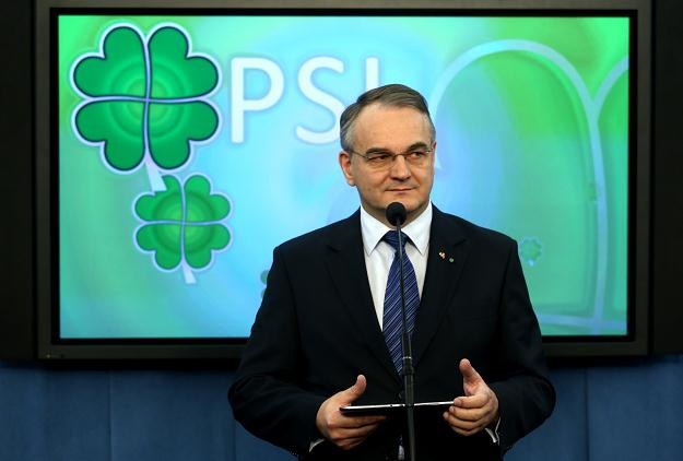 Waldemar Pawlak w czasie konferencji prasowej w Sejmie/fot. Tomasz Gzell /PAP