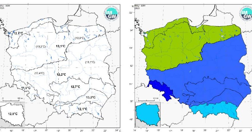 Wartości średniej obszarowej temperatury powietrza oraz klasyfikacja termiczna w maju 2023 r. w poszczególnych regionach klimatycznych Polski /IMGW /