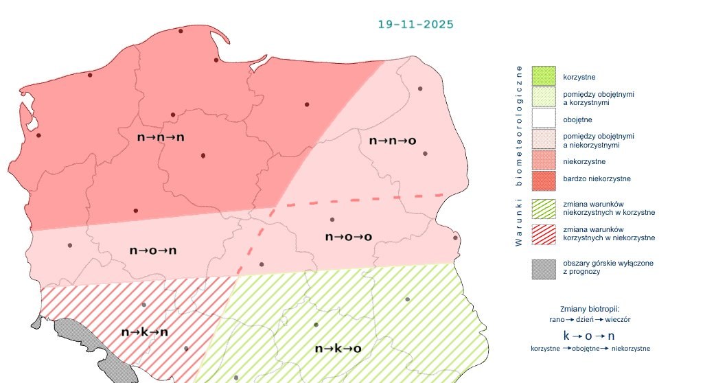 Warunki będą niekorzystnie wpływać na nasz organizm w większości kraju. Znacznie lepiej będzie na południowym wschodzie Polski /IMGW /