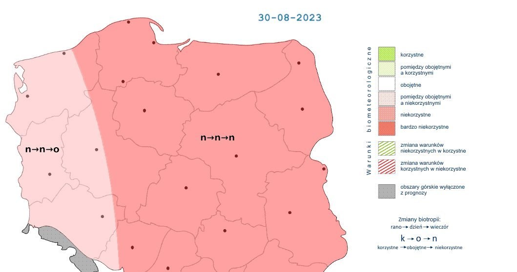 Warunki biometeoroliczne w środę będą niekorzystne w całym kraju przez większość dnia /IMGW /
