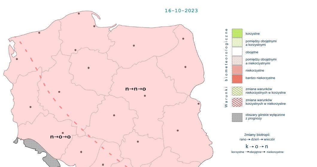 Warunki biometeorologiczne będą niekorzystne w większości kraju. Z upływem czasu staną się obojętne /IMGW /