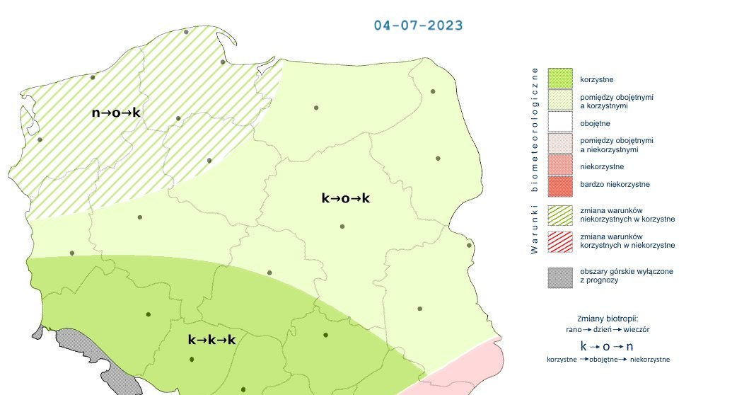 Warunki biometeorologiczne przeważnie będą korzystne, jedynie na południu w okresie burz pogorszą się do niekorzystnych /IMGW /