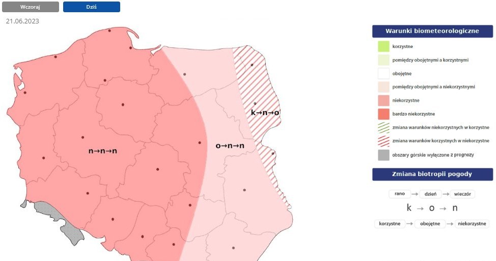 Warunki biometeorologiczne w środę będą niekorzystne. Na wschodzie z początkowo korzystnych stopniowo będą się pogarszać /IMGW /
