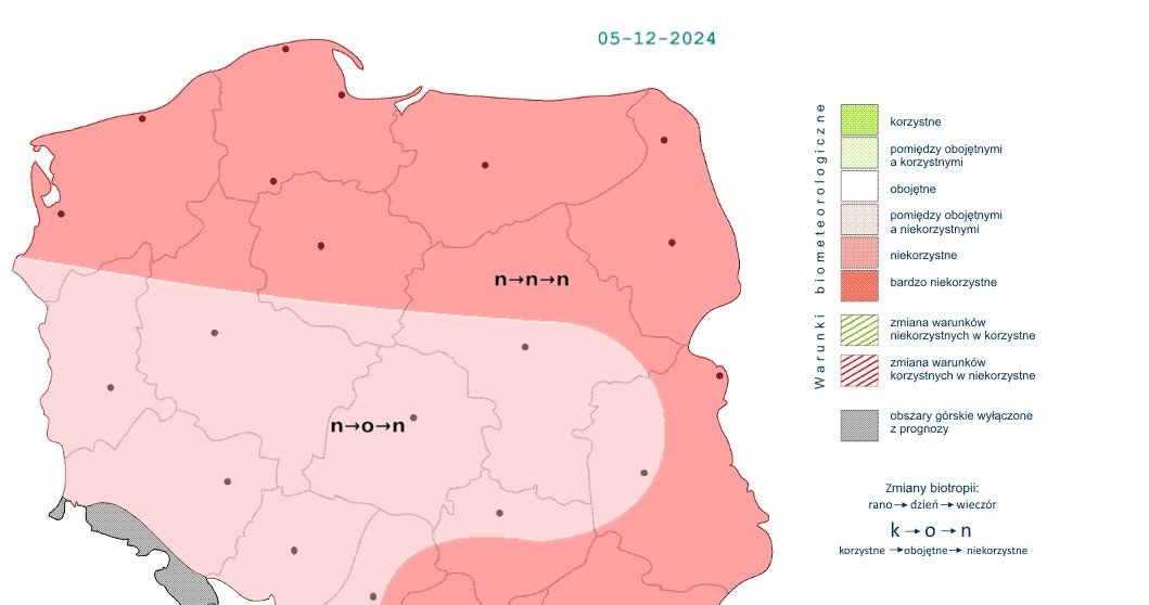 Warunki w większości Polski będą przeważnie niekorzystne. Na obojętne zmienią się jedynie w trakcie okresowych przejaśnień i rozpogodzeń /IMGW  /
