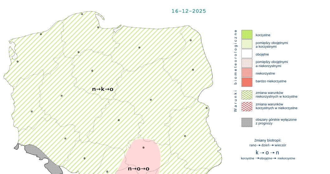 Warunki zmienią się z niekorzystnych rano na korzystne w ciągu dnia. Tylko w części kraju nie ulegną większej poprawie /IMGW /