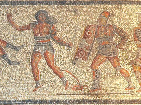 Waza przedstawia jedną z popularniejszych form walk gladiatorów od końca I wieku, czyli pojedynku między "secutorem" a "retiariusem". Secutor był uzbrojony w miecz gladius, hełm i ciężką tarczę. Retiarius posiadał trójząb oraz siatkę i ochraniał go tylko nagolennik, ewentualnie także lekką osłonę na piersi. Był to więc tradycyjny pojedynek między ciężkim opancerzeniem a szybkością i zwinnością