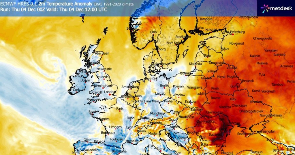 Wciąż utrzymuje się duża anomalia temperatur. Najcieplej w czwartek będzie na południowym wschodzie kraju /WXCharts /