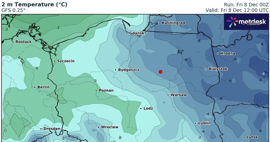We wschodniej części Polski wciąż będzie mroźnie, jednak od zachodu zaczyna napływać cieplejsze powietrze. W weekend aura zmieni się na bardziej jesienną, niż zimową /wxcharts /