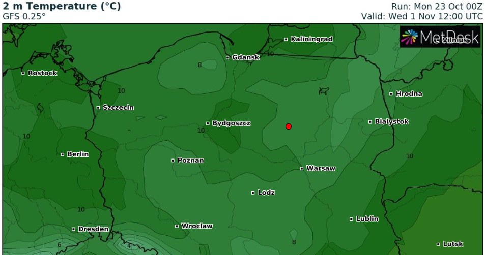 We Wszystkich Świętych najchłodniej będzie na północnym zachodzie (około 10 stopni Celsjusza), a najcieplej na południu Polski: do 14 st. C /wxcharts /