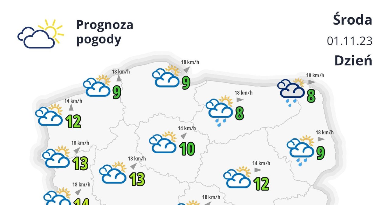 We Wszystkich Świętych słabe opady deszczu mogą występować na północy, wschodzie i południu Polski. Po południu będzie więcej przejaśnień /IMGW /