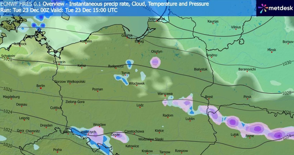 We wtorek lokalne opady deszczu ze śniegiem i śniegu możliwe będą w wielu miejscach kraju /WXCharts /