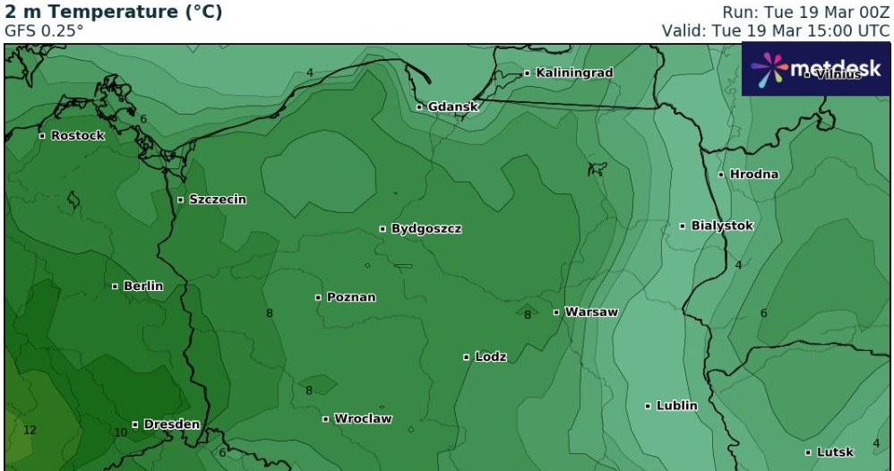 We wtorek najcieplej będzie na zachodzie kraju, jednak temperatury nie przekroczą tam 10 stopni Celsjusza /wxcharts /