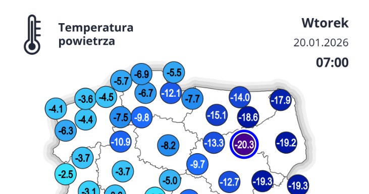 We wtorek rano najzimniej było w Ostrołęce. Wciąż najzimniej jest we wschodniej części Polski /IMGW /