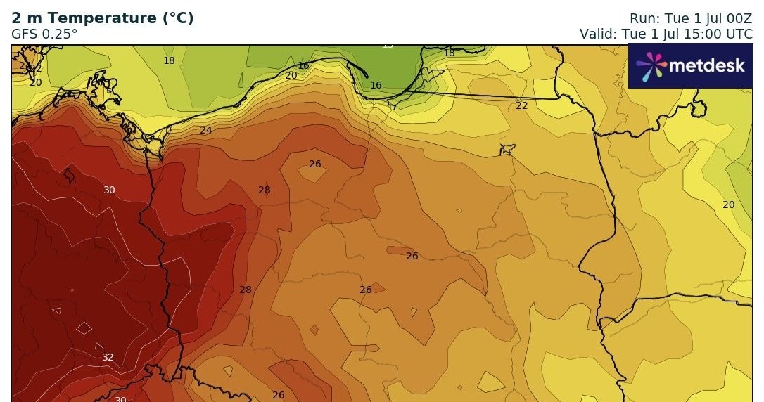 We wtorek upalnie będzie na zachodzie. Tam można się spodziewać temperatur na poziomie 32 stopni Celsjusza /wxcharts /