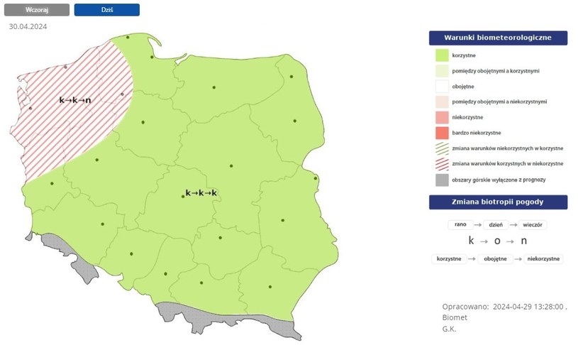 We wtorek w całej Polsce warunki będą korzystne. Tylko na północnym zachodzie wieczorem staną się niekorzystne /IMGW /