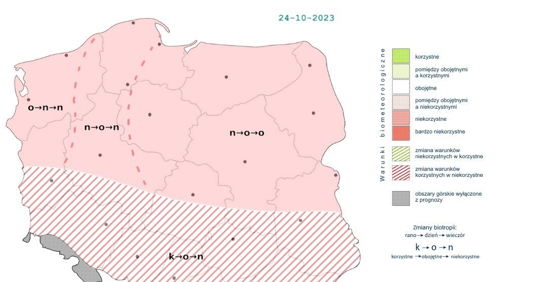 We wtorek w dużej części kraju pogoda będzie przeważnie niekorzystnie wpływać na ludzki organizm /IMGW /