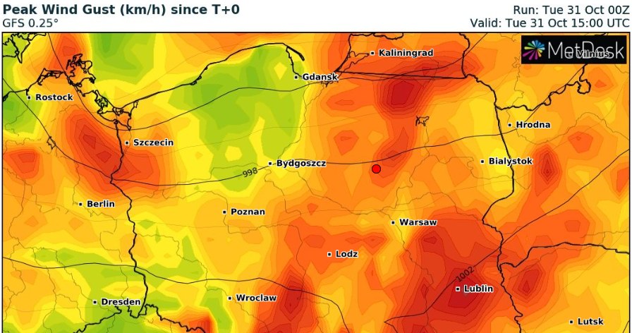 We wtorek w Polsce będzie silnie wiało. W Zakopanem halny wiał z prędkością 160 km/h. Odnotowano kilkanaście interwencji strażaków /wxcharts /