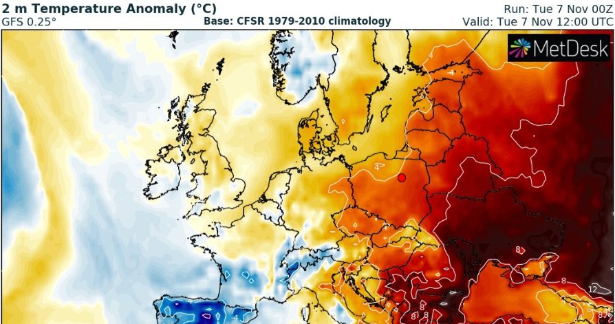 We wtorek w Polsce będzie stosunkowo ciepło, jak na tę porę roku. Będzie też więcej rozpogodzeń /wxcharts /
