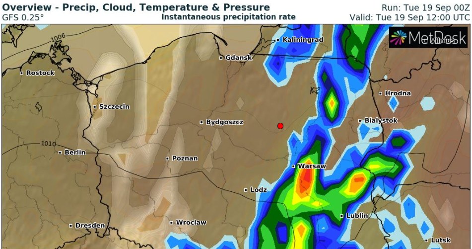We wtorek w wielu miejscach pojawią się ulewne deszcze i burze, którym towarzyszyć będzie porywisty wiatr. Front atmosferyczny idzie na wschód /wxcharts /