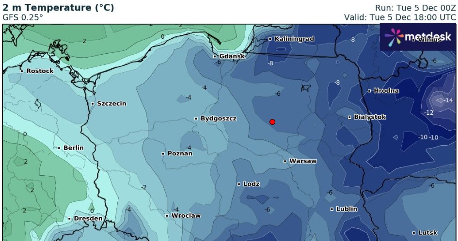We wtorek w wielu miejscach Polski będzie mroźne. Najniższe temperatury spodziewane są na wschodzie kraju /wxcharts /