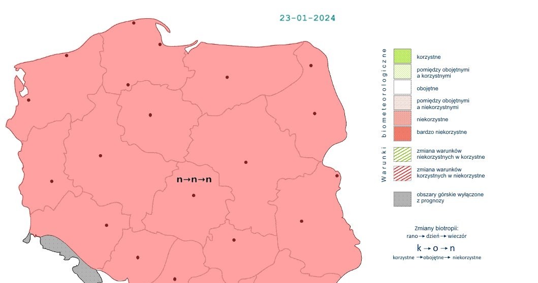 We wtorek warunki biometeorologiczne będą niekorzystne w całym kraju /IMGW /