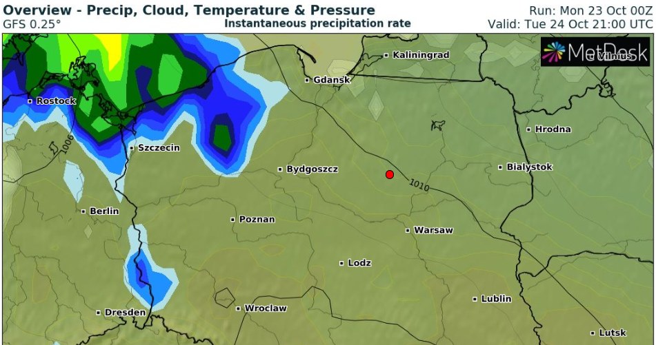 We wtorek wieczorem i w nocy przez Polskę przejdzie niż. Lokalnie mogą wystąpić burze, szczególnie na południu /wxcharts /